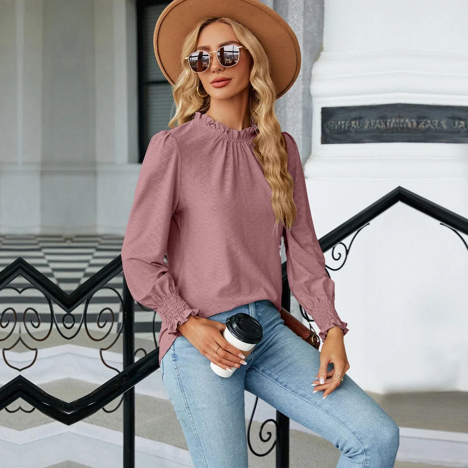 Fashion Woman Blouse Shirts for Women Stylish Long Sleeve Shirring Tops Black Red Pink White Women's Spring Autumn Clothing
