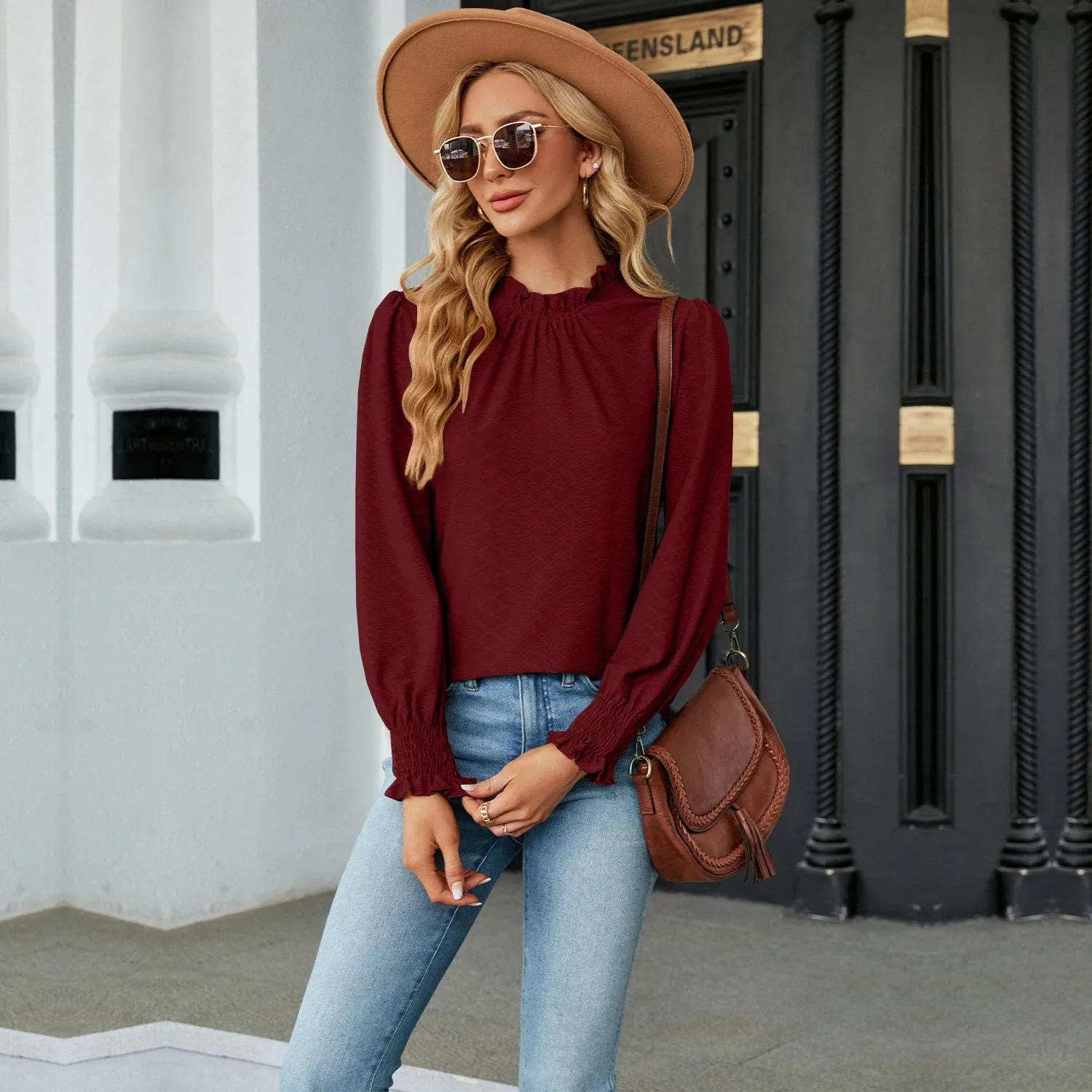 Fashion Woman Blouse Shirts for Women Stylish Long Sleeve Shirring Tops Black Red Pink White Women's Spring Autumn Clothing
