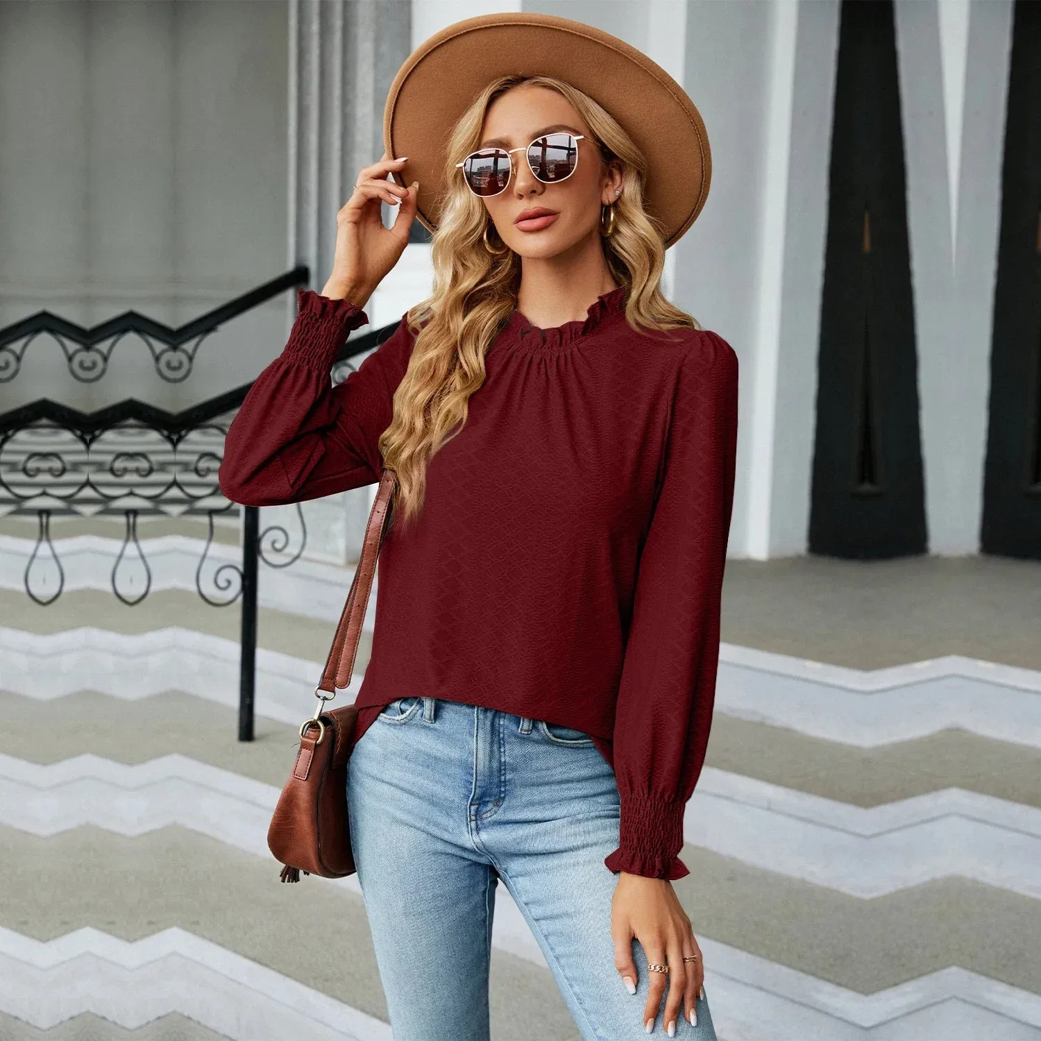 Fashion Woman Blouse Shirts for Women Stylish Long Sleeve Shirring Tops Black Red Pink White Women's Spring Autumn Clothing
