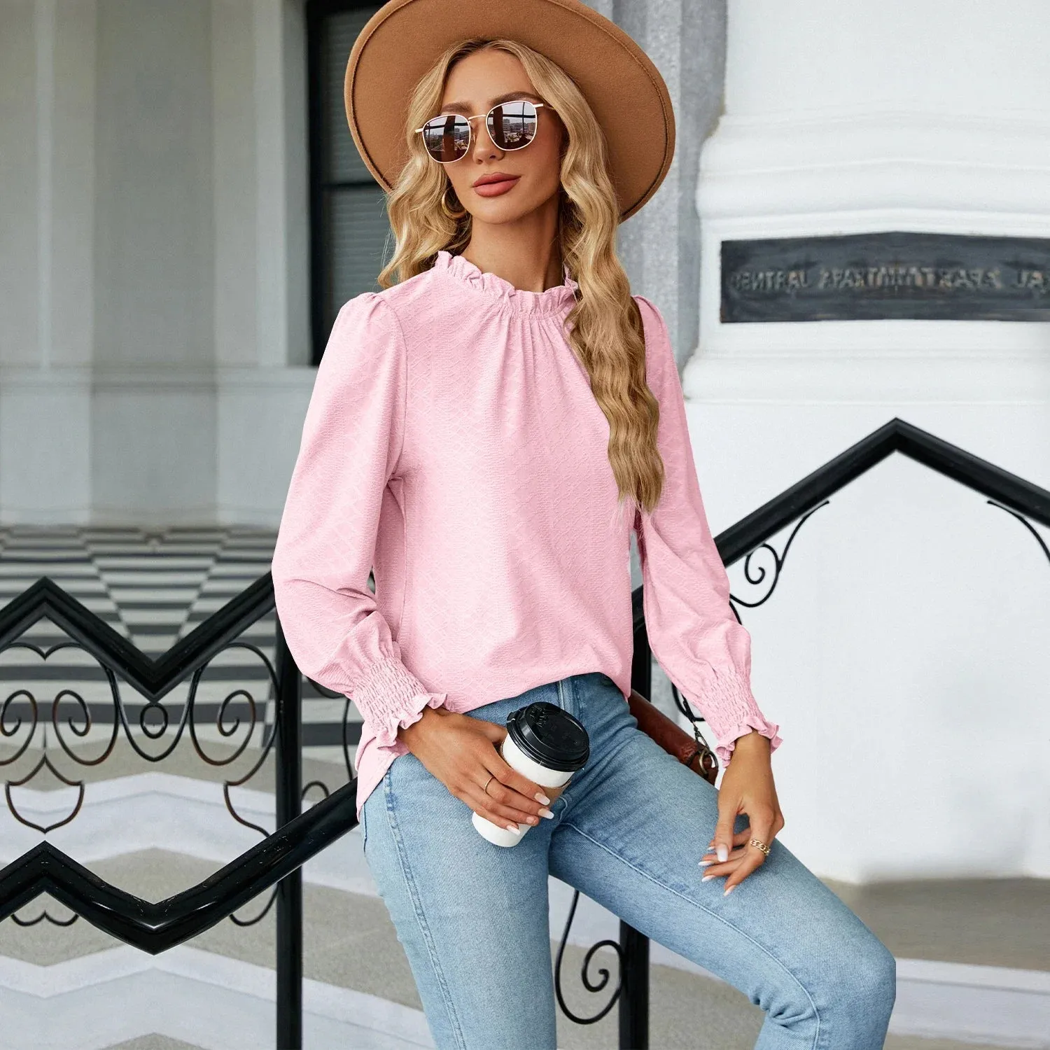 Fashion Woman Blouse Shirts for Women Stylish Long Sleeve Shirring Tops Black Red Pink White Women's Spring Autumn Clothing