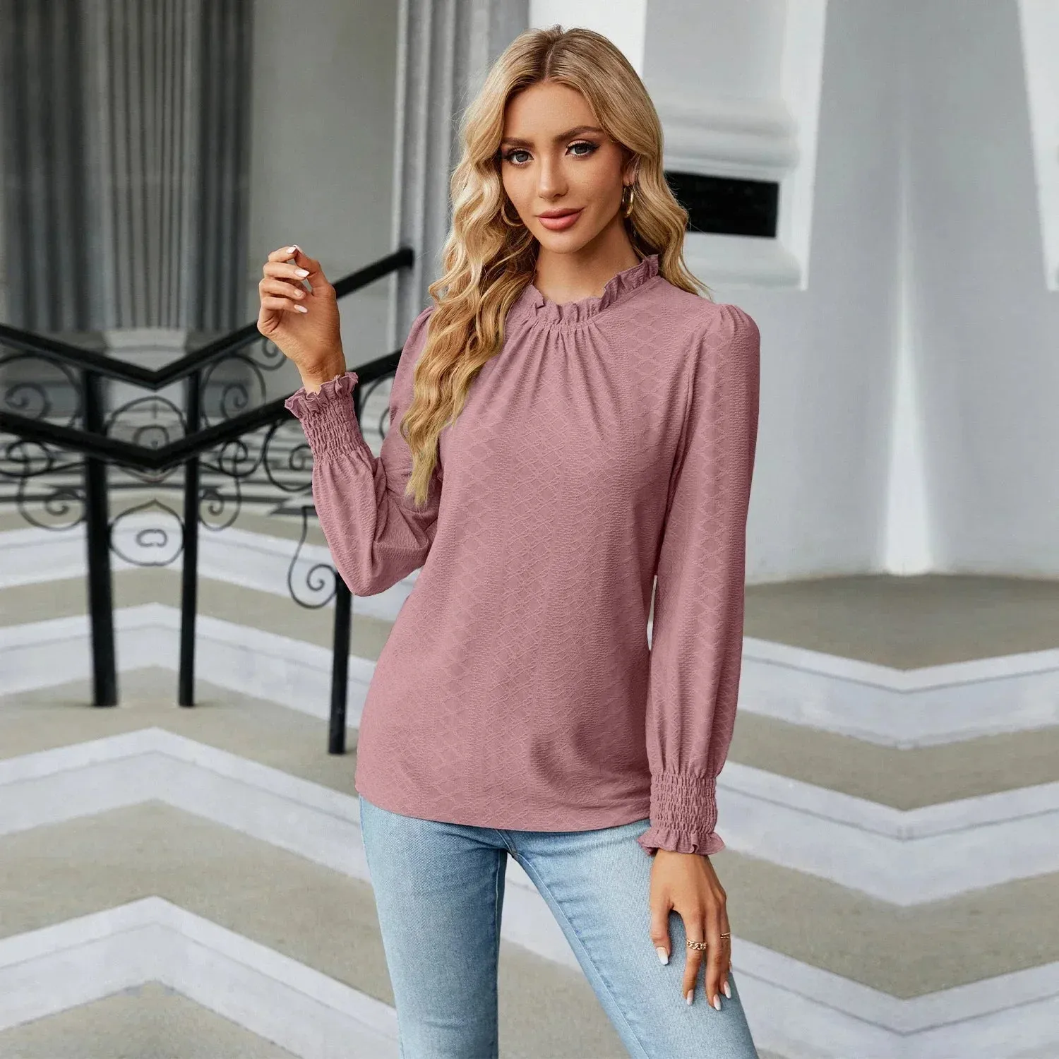 Fashion Woman Blouse Shirts for Women Stylish Long Sleeve Shirring Tops Black Red Pink White Women's Spring Autumn Clothing