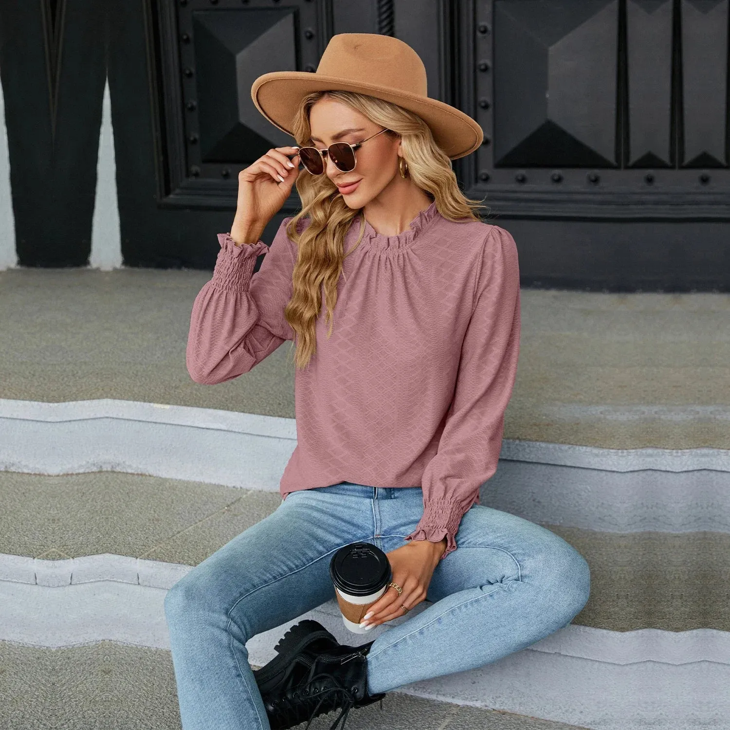 Fashion Woman Blouse Shirts for Women Stylish Long Sleeve Shirring Tops Black Red Pink White Women's Spring Autumn Clothing