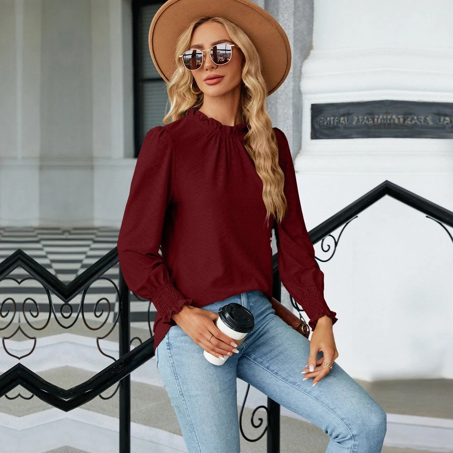 Fashion Woman Blouse Shirts for Women Stylish Long Sleeve Shirring Tops Black Red Pink White Women's Spring Autumn Clothing