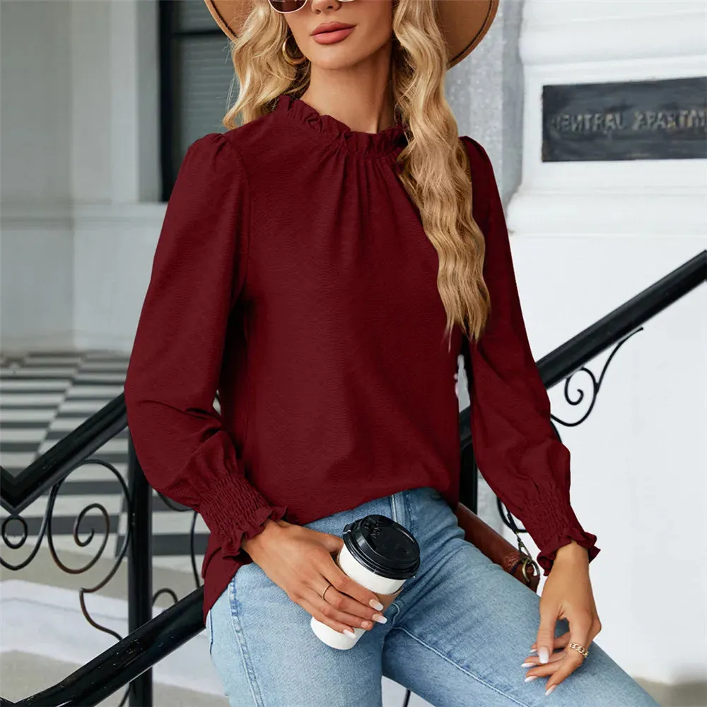 Fashion Woman Blouse Shirts for Women Stylish Long Sleeve Shirring Tops Black Red Pink White Women's Spring Autumn Clothing