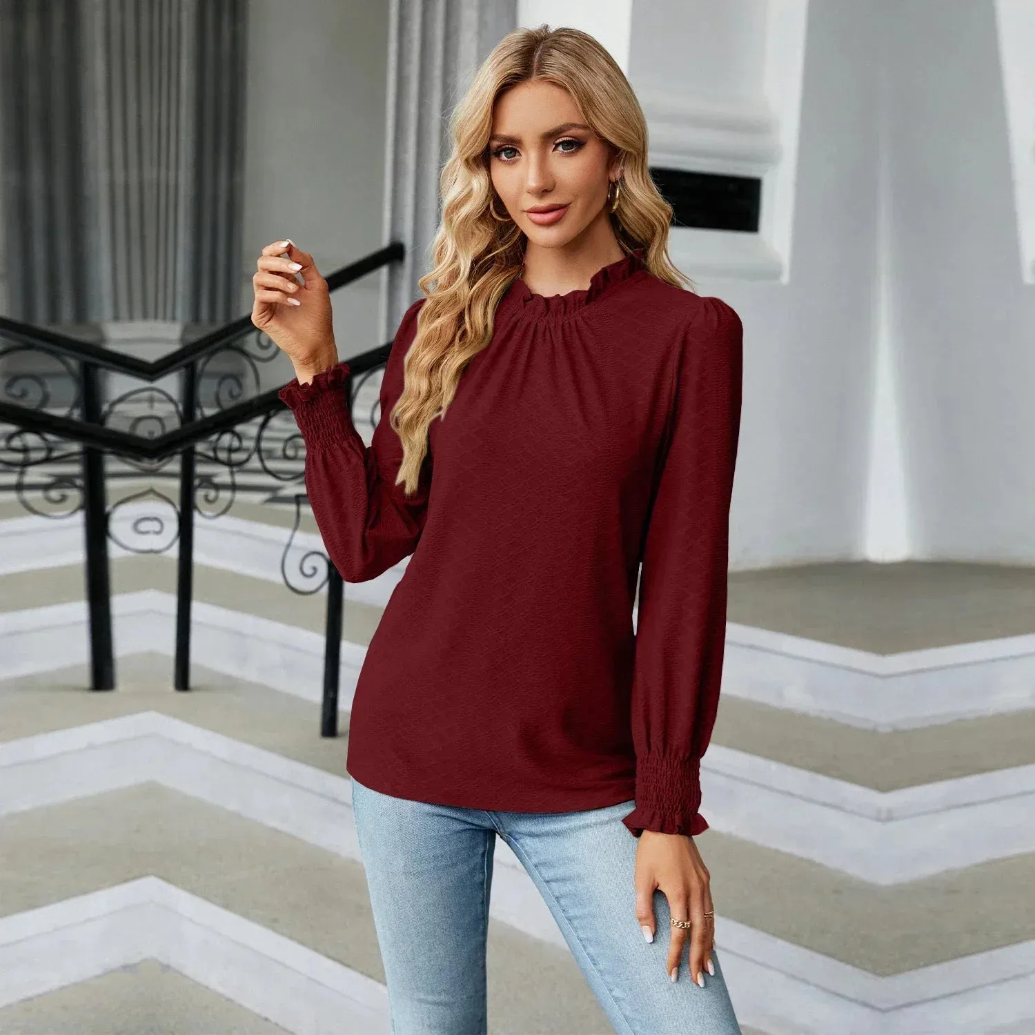 Fashion Woman Blouse Shirts for Women Stylish Long Sleeve Shirring Tops Black Red Pink White Women's Spring Autumn Clothing