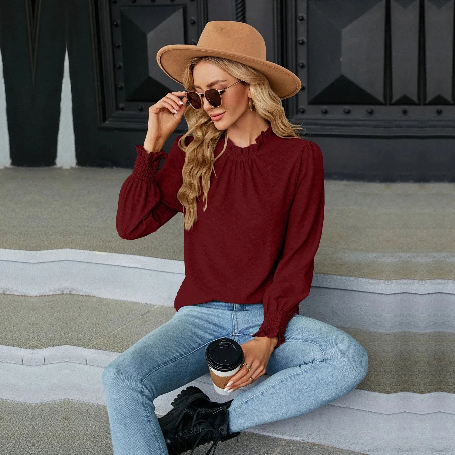 Fashion Woman Blouse Shirts for Women Stylish Long Sleeve Shirring Tops Black Red Pink White Women's Spring Autumn Clothing
