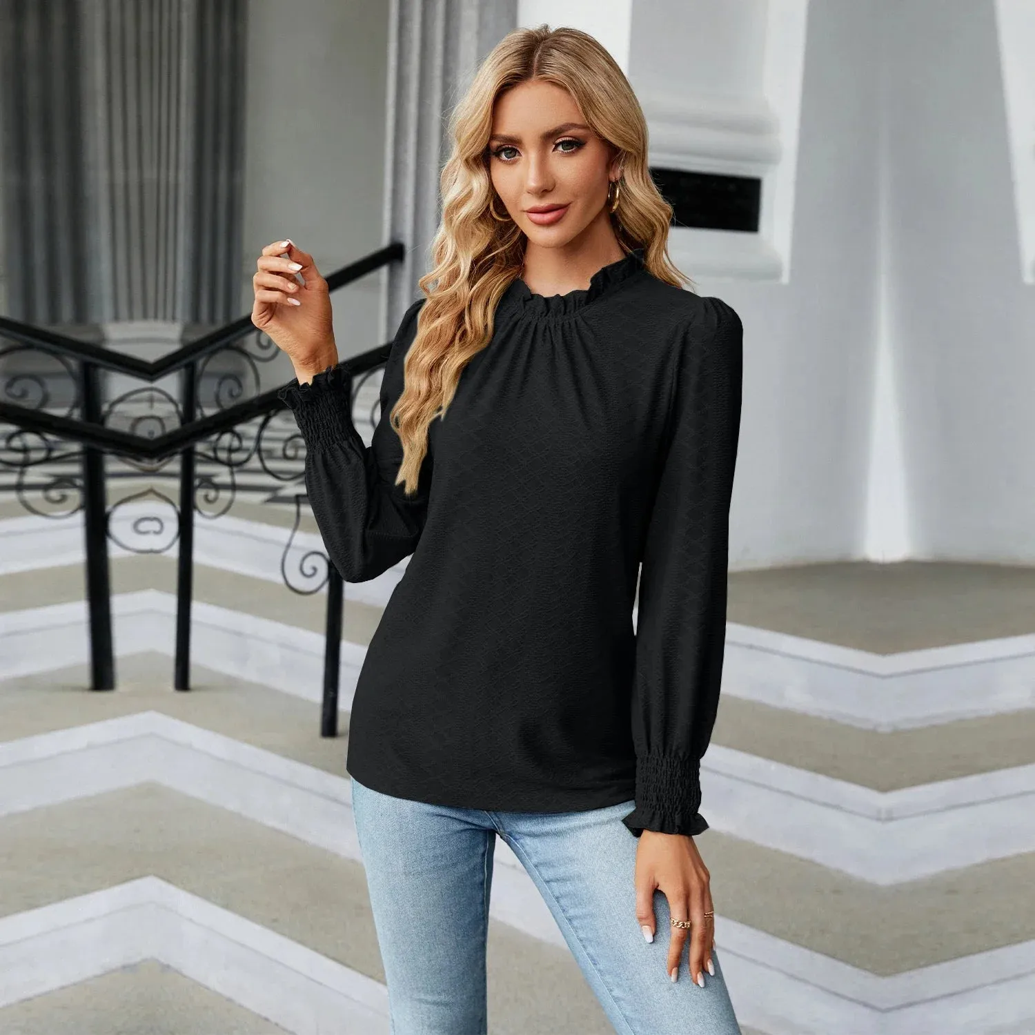 Fashion Woman Blouse Shirts for Women Stylish Long Sleeve Shirring Tops Black Red Pink White Women's Spring Autumn Clothing
