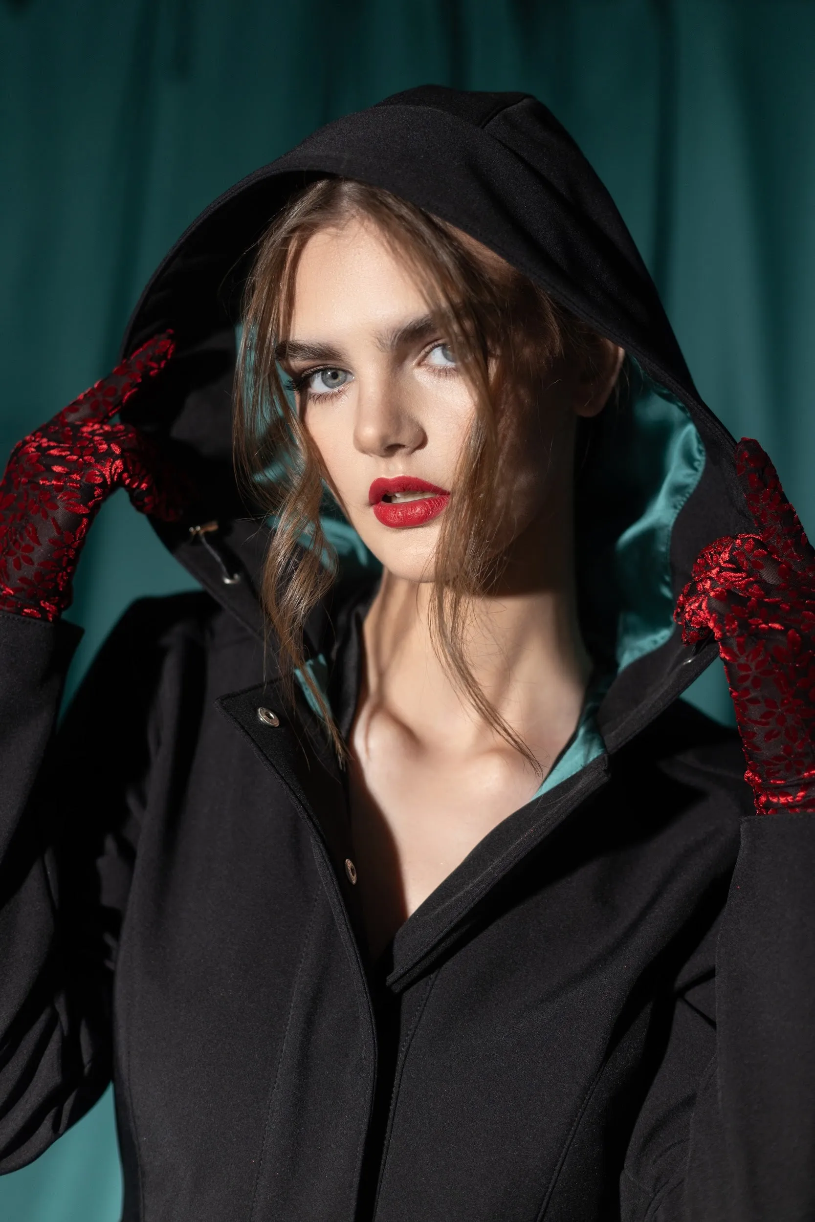 Fitted and Flared Coat with Full Circle Skirt in Black with Emerald Green | 'Deep Emerald'