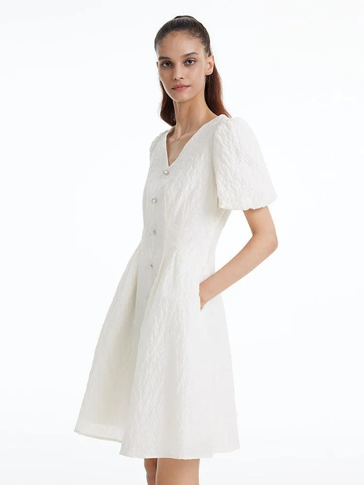 Fitted Waist & V-Neck Jacquard Dress