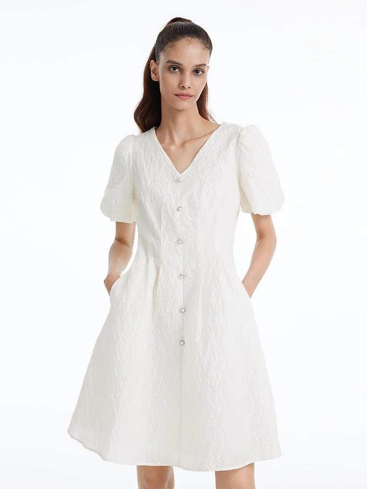 Fitted Waist & V-Neck Jacquard Dress