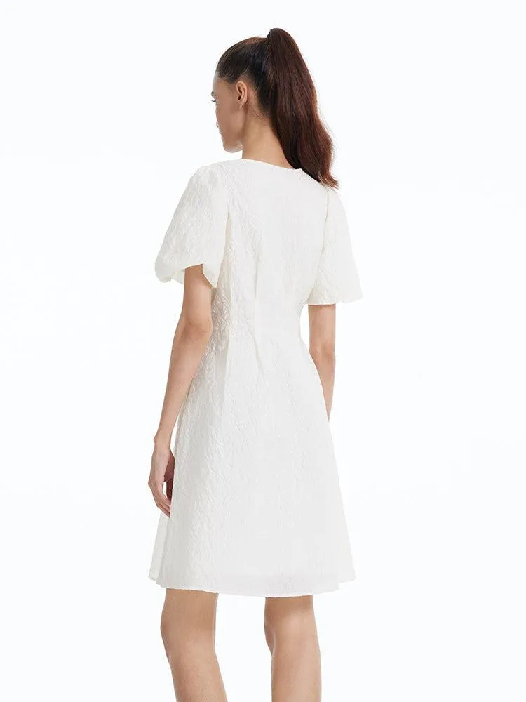 Fitted Waist & V-Neck Jacquard Dress