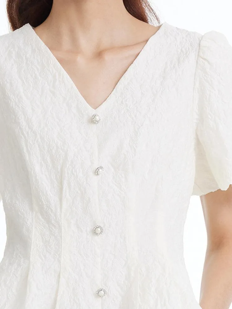 Fitted Waist & V-Neck Jacquard Dress