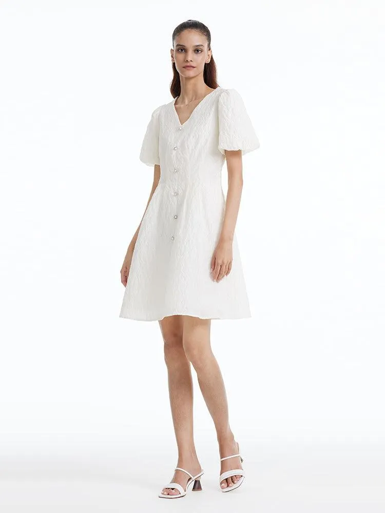 Fitted Waist & V-Neck Jacquard Dress