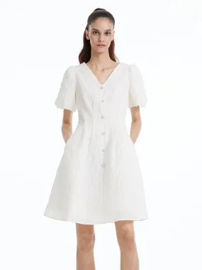 Fitted Waist & V-Neck Jacquard Dress