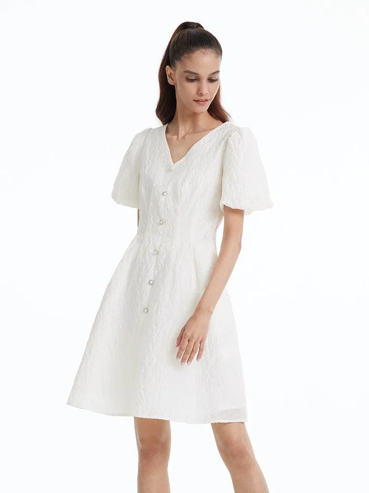Fitted Waist & V-Neck Jacquard Dress