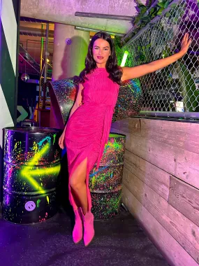 Gathered Girl - Fuchsia Plisse Midi Dress