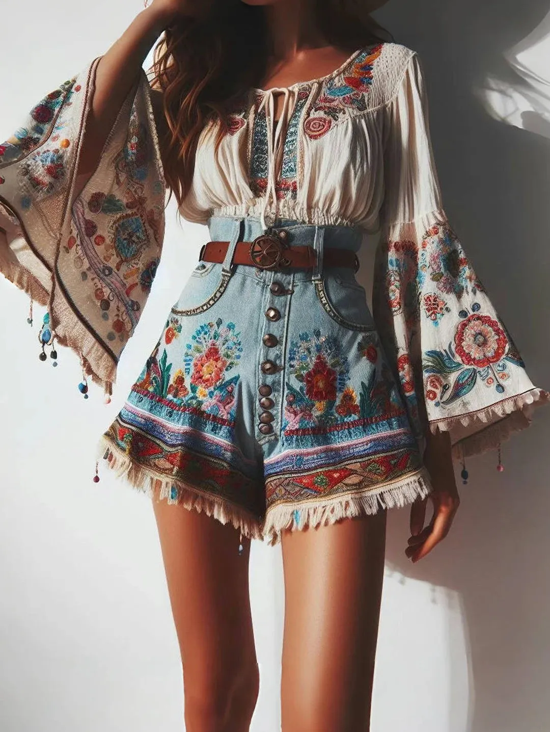 Getadme Flare Sleeves Boho Blouse Floral Pattern Drawstring O Neck Lace-up Ethnic Style Women Tops Spring Summer Autumn Chic Blouses