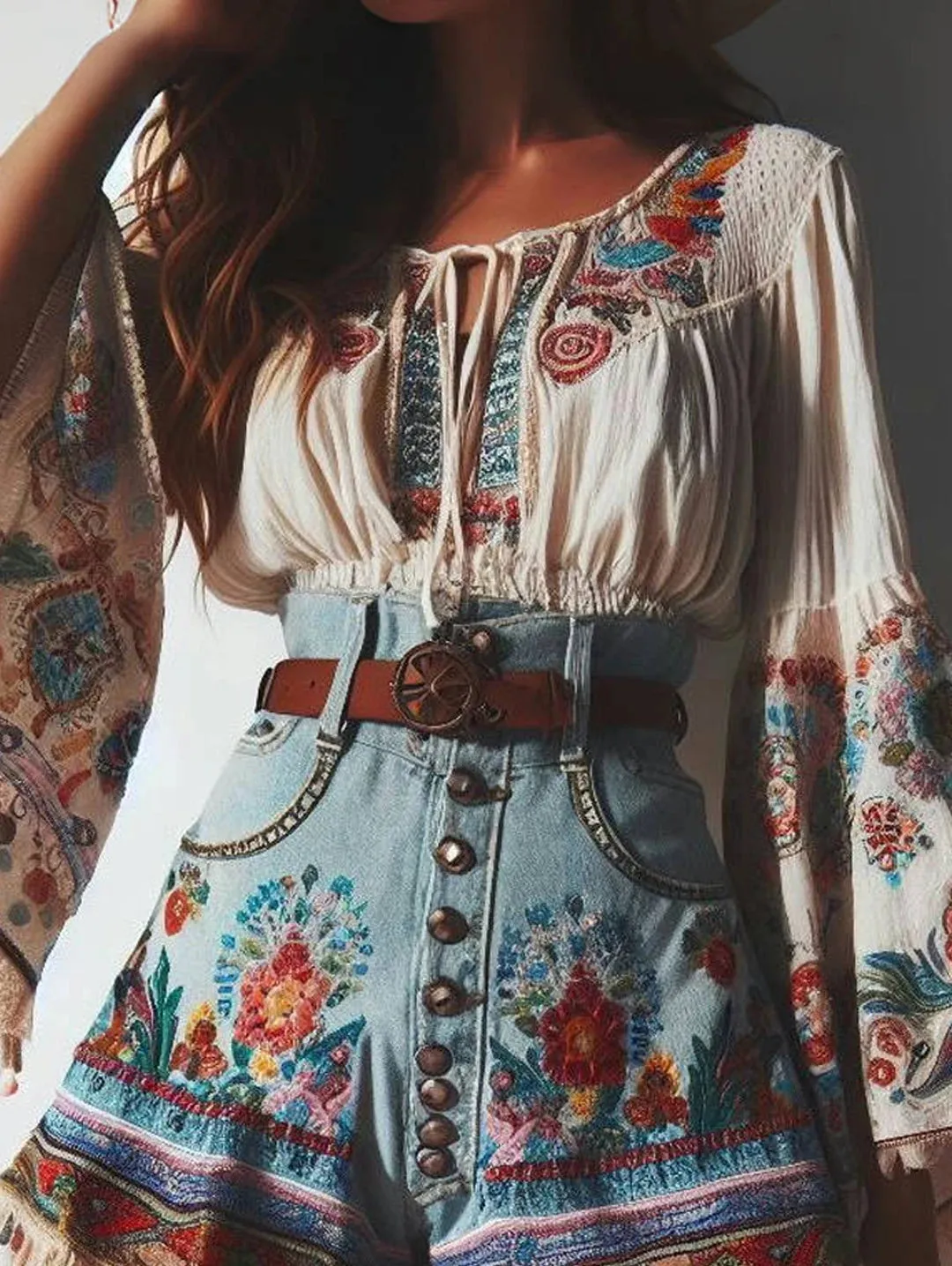 Getadme Flare Sleeves Boho Blouse Floral Pattern Drawstring O Neck Lace-up Ethnic Style Women Tops Spring Summer Autumn Chic Blouses