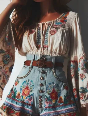 Getadme Flare Sleeves Boho Blouse Floral Pattern Drawstring O Neck Lace-up Ethnic Style Women Tops Spring Summer Autumn Chic Blouses