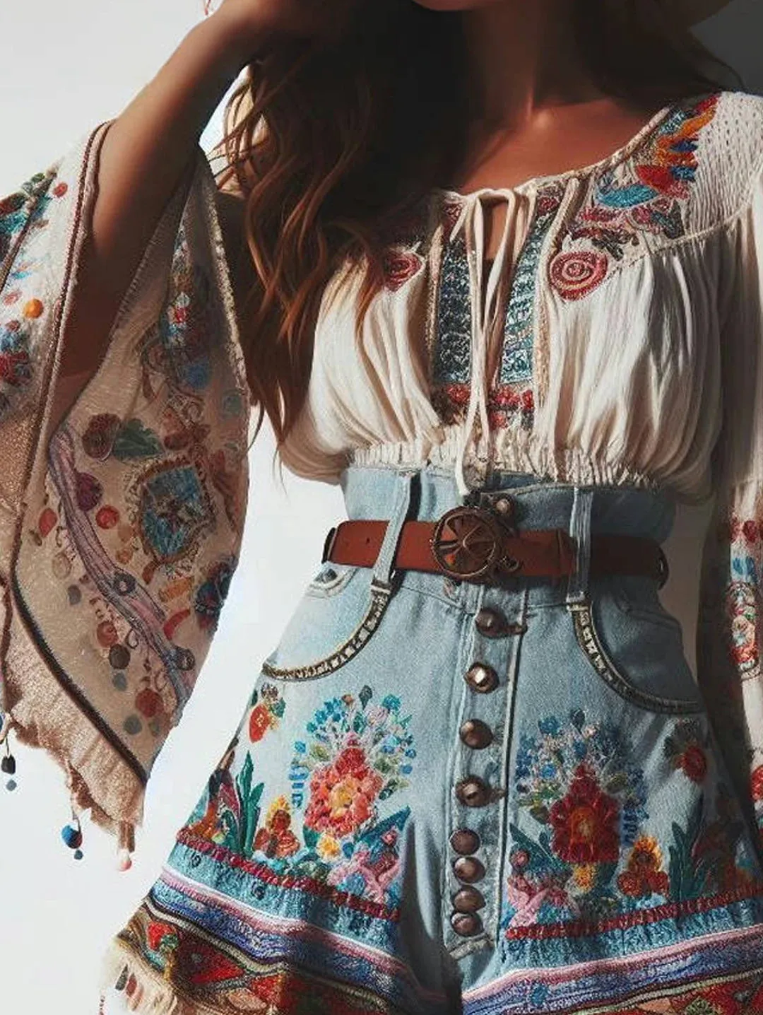 Getadme Flare Sleeves Boho Blouse Floral Pattern Drawstring O Neck Lace-up Ethnic Style Women Tops Spring Summer Autumn Chic Blouses
