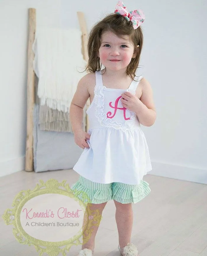Girls bib tank with lace trim- white or light pink