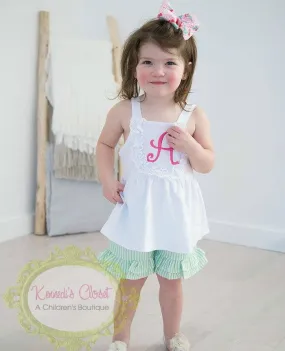 Girls bib tank with lace trim- white or light pink