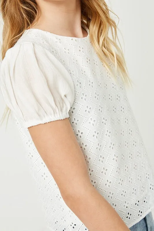 Girls Honeycomb Eyelet Contrast Sleeve Top