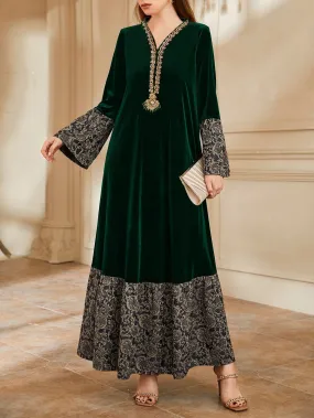 Green Velvet Patchwork Luxury Long Dress for Women 2024 Korean Vintage Hepburn Prom Dress Spring Autumn Elegant Bodycon Vestidos