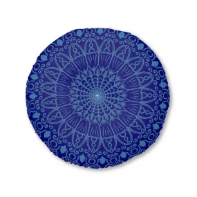 Handmade Mandala Art Floor Cushion - Steel Blue on Navy Blue Background