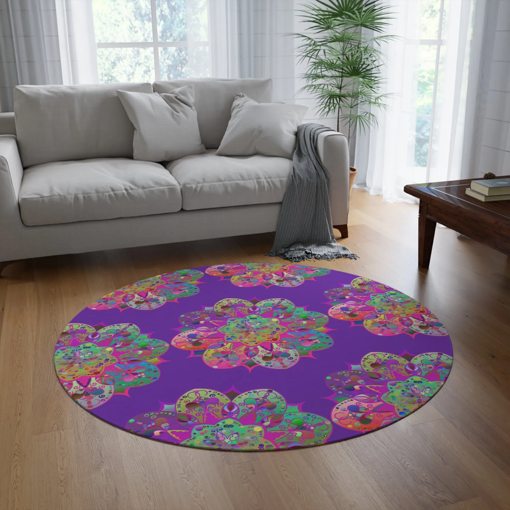 Handmade Mandala Round Rug - Vibrant Grape Background - 60" Chenille