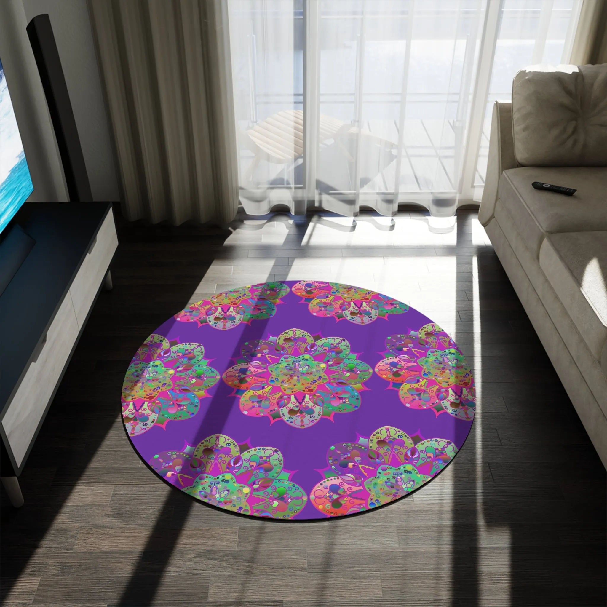 Handmade Mandala Round Rug - Vibrant Grape Background - 60" Chenille