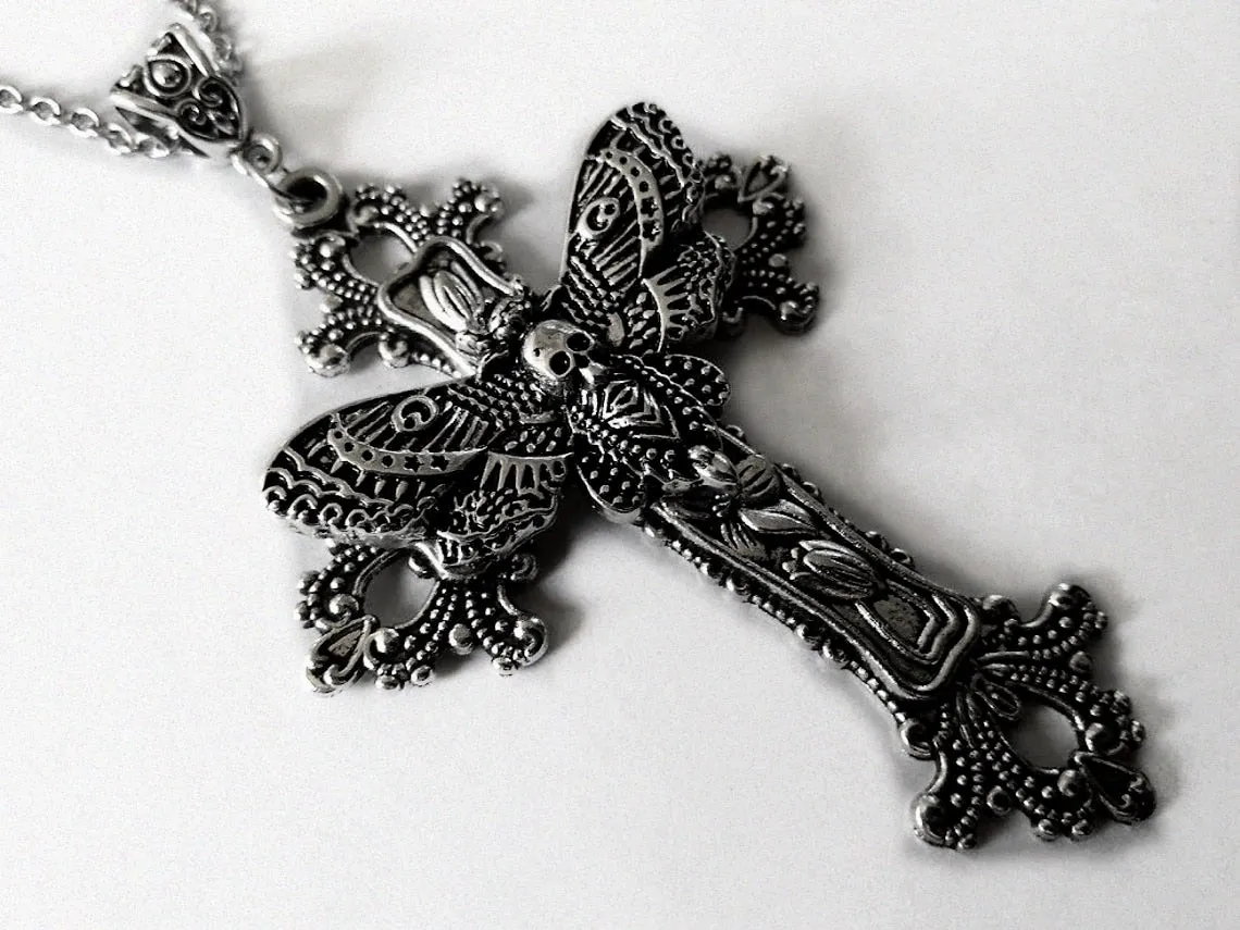 Large Moth Cross Filigree Victorian Vintage Pendent