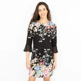 Lipsy Black Floral Print 3/4 Sleeve Short Dresses