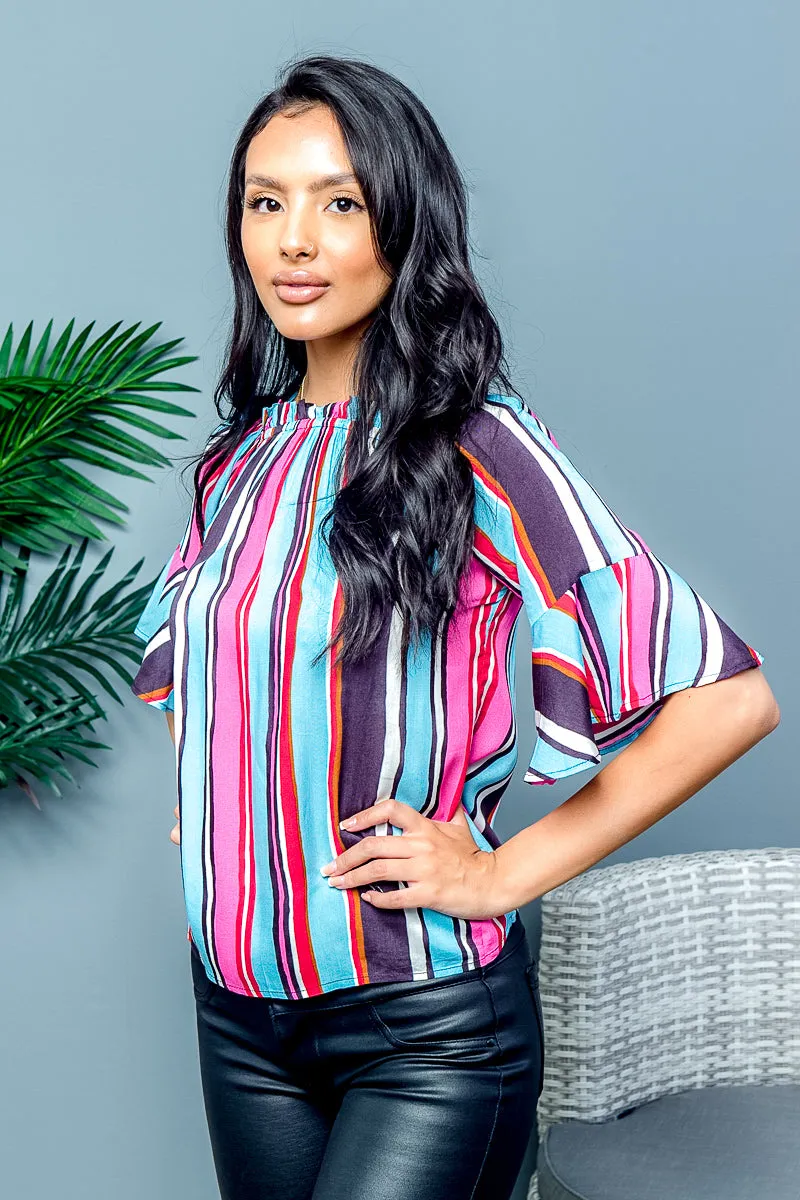 Multy Stripe Wide Bell Sleeve Off Shoulder Elastic Neckline Top (XT9083)
