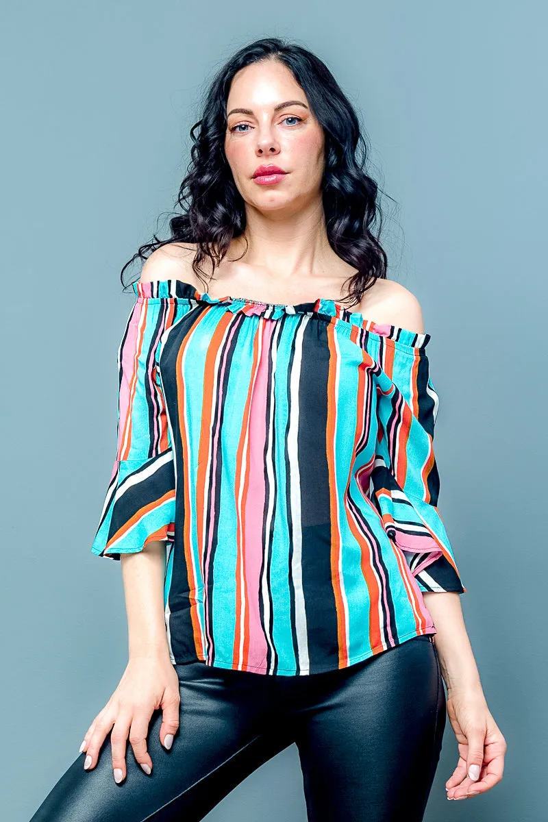 Multy Stripe Wide Bell Sleeve Off Shoulder Elastic Neckline Top (XT9083)