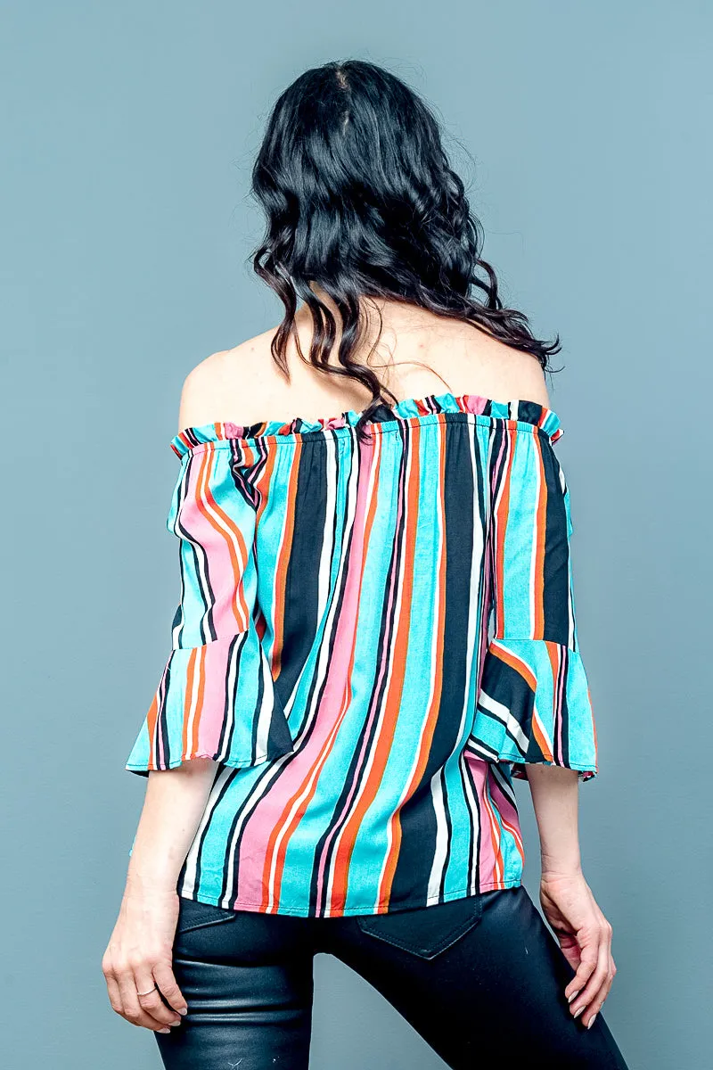 Multy Stripe Wide Bell Sleeve Off Shoulder Elastic Neckline Top (XT9083)