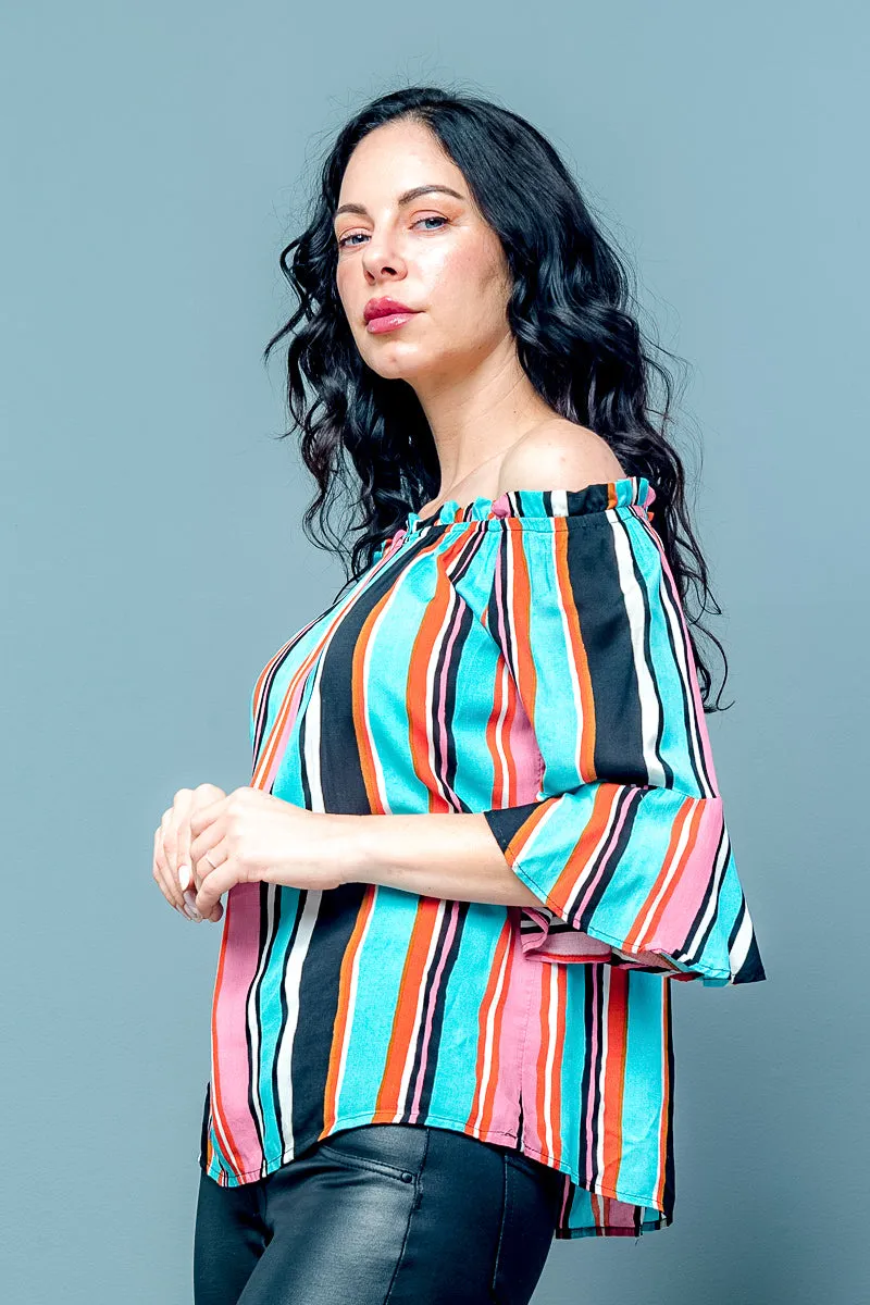 Multy Stripe Wide Bell Sleeve Off Shoulder Elastic Neckline Top (XT9083)