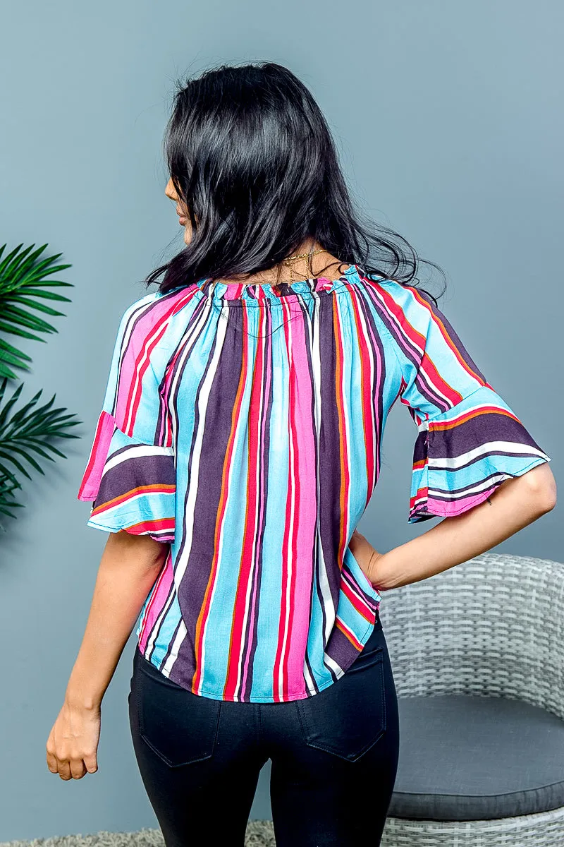 Multy Stripe Wide Bell Sleeve Off Shoulder Elastic Neckline Top (XT9083)