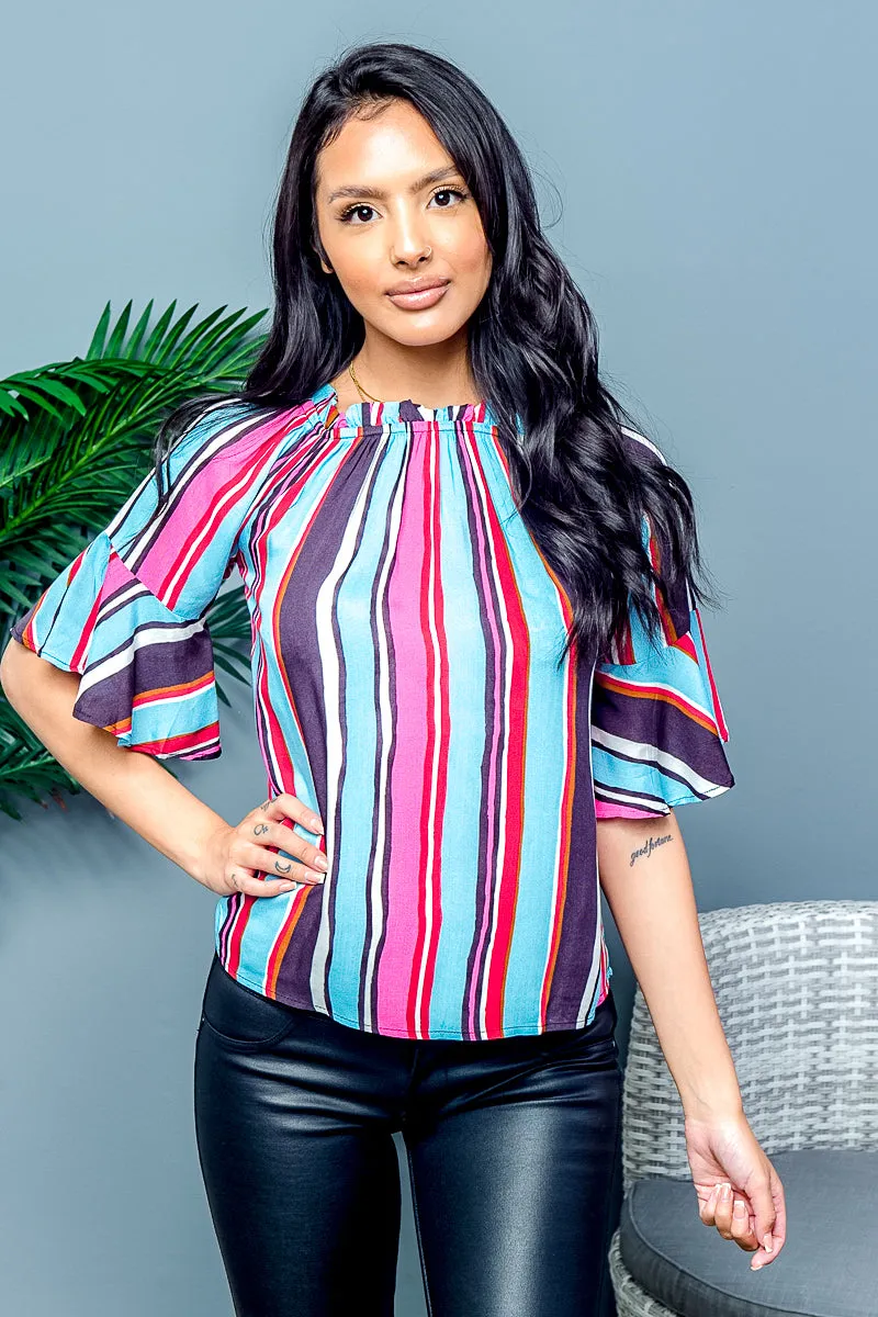 Multy Stripe Wide Bell Sleeve Off Shoulder Elastic Neckline Top (XT9083)