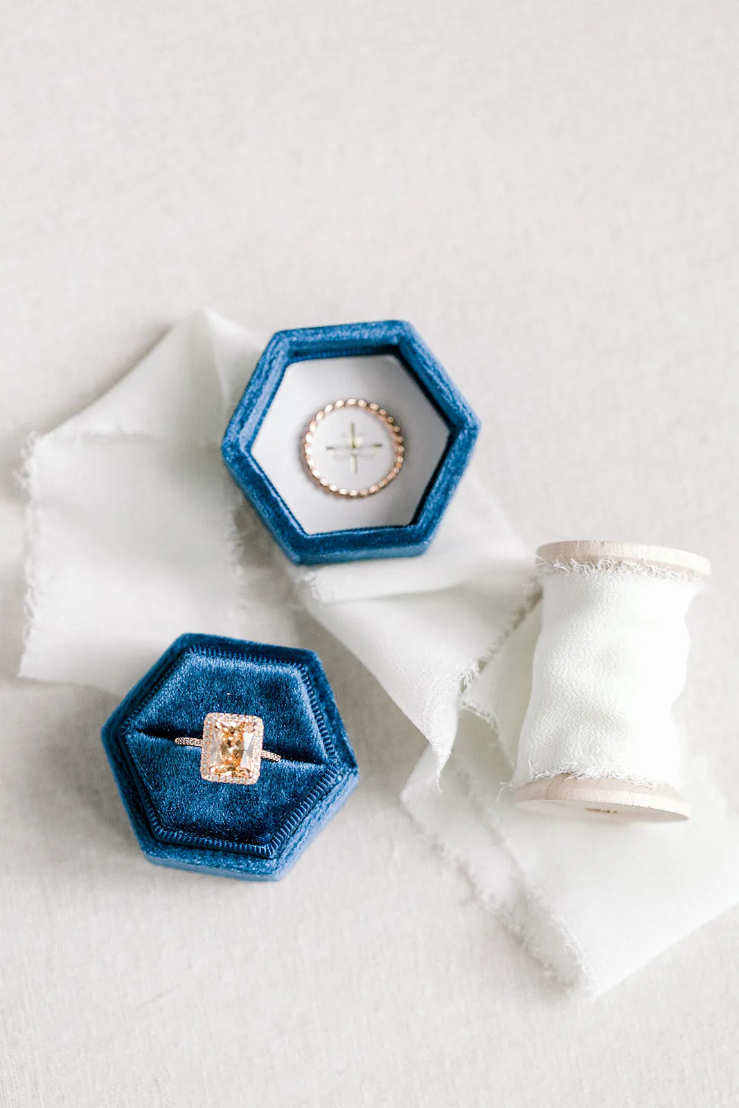 Navy Blue Velvet Hexagon Ring Box