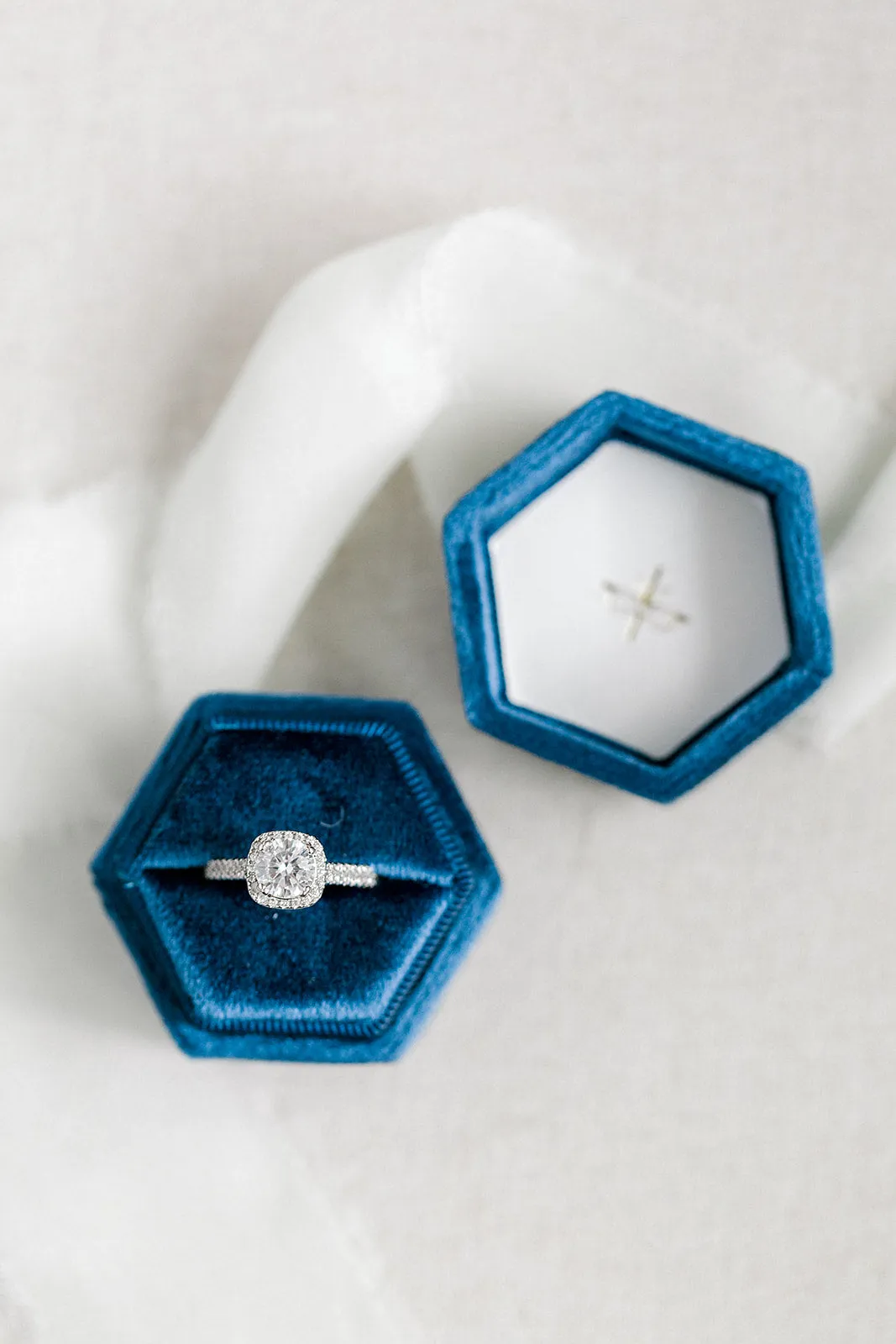 Navy Blue Velvet Hexagon Ring Box