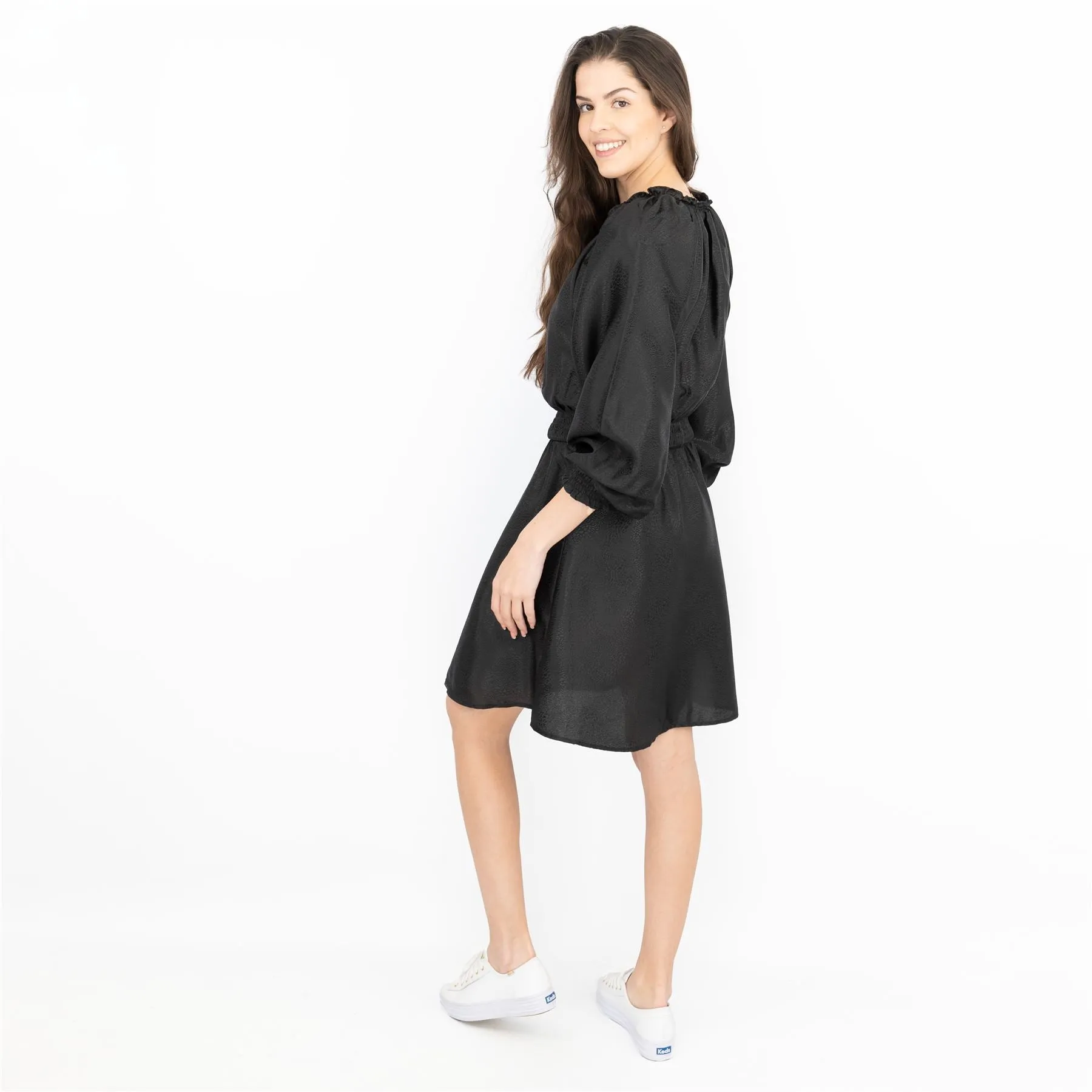 Next Long Sleeve Black Jacquard Sheen Flare Dress