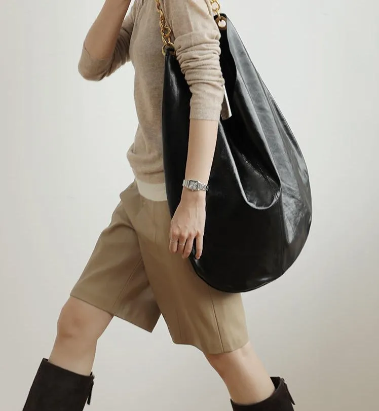 Oversized Fashion Cowhide Leather and Suede Double-sided Chain Boho Bag, Must-have Fashion Slouchy Tote Bag,