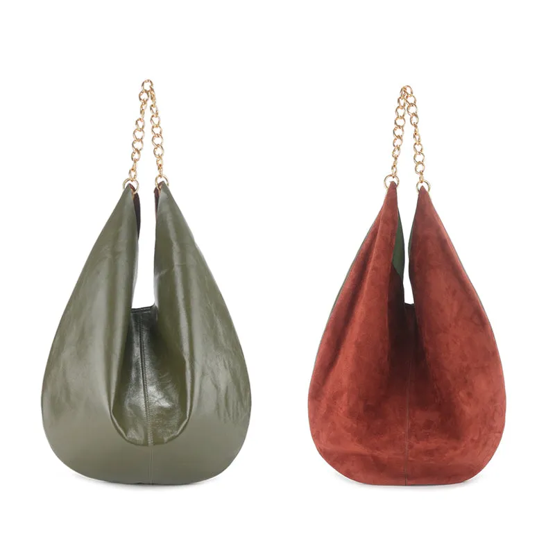Oversized Fashion Cowhide Leather and Suede Double-sided Chain Boho Bag, Must-have Fashion Slouchy Tote Bag,
