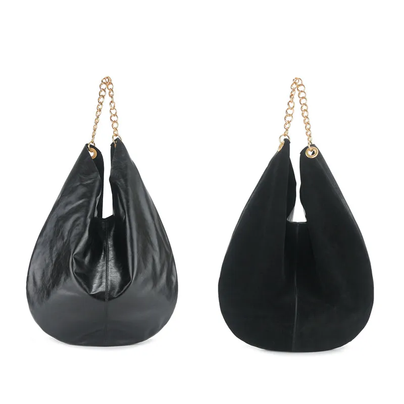 Oversized Fashion Cowhide Leather and Suede Double-sided Chain Boho Bag, Must-have Fashion Slouchy Tote Bag,