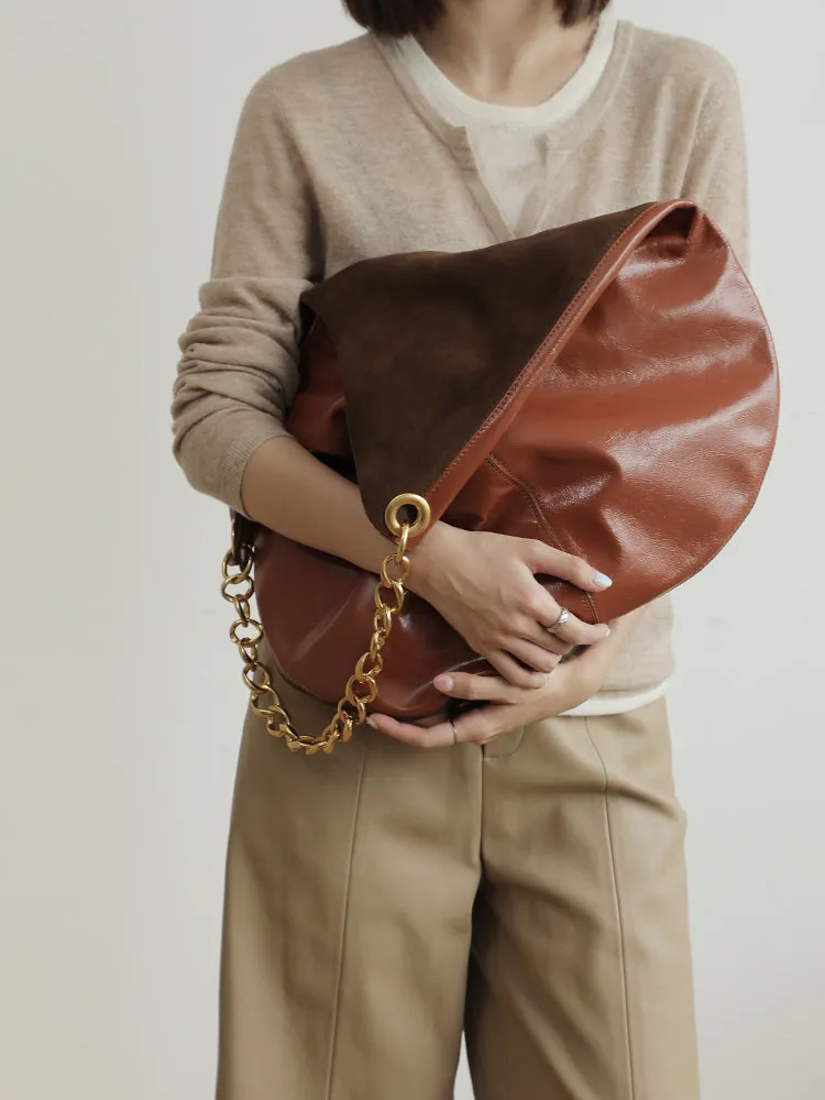 Oversized Fashion Cowhide Leather and Suede Double-sided Chain Boho Bag, Must-have Fashion Slouchy Tote Bag,