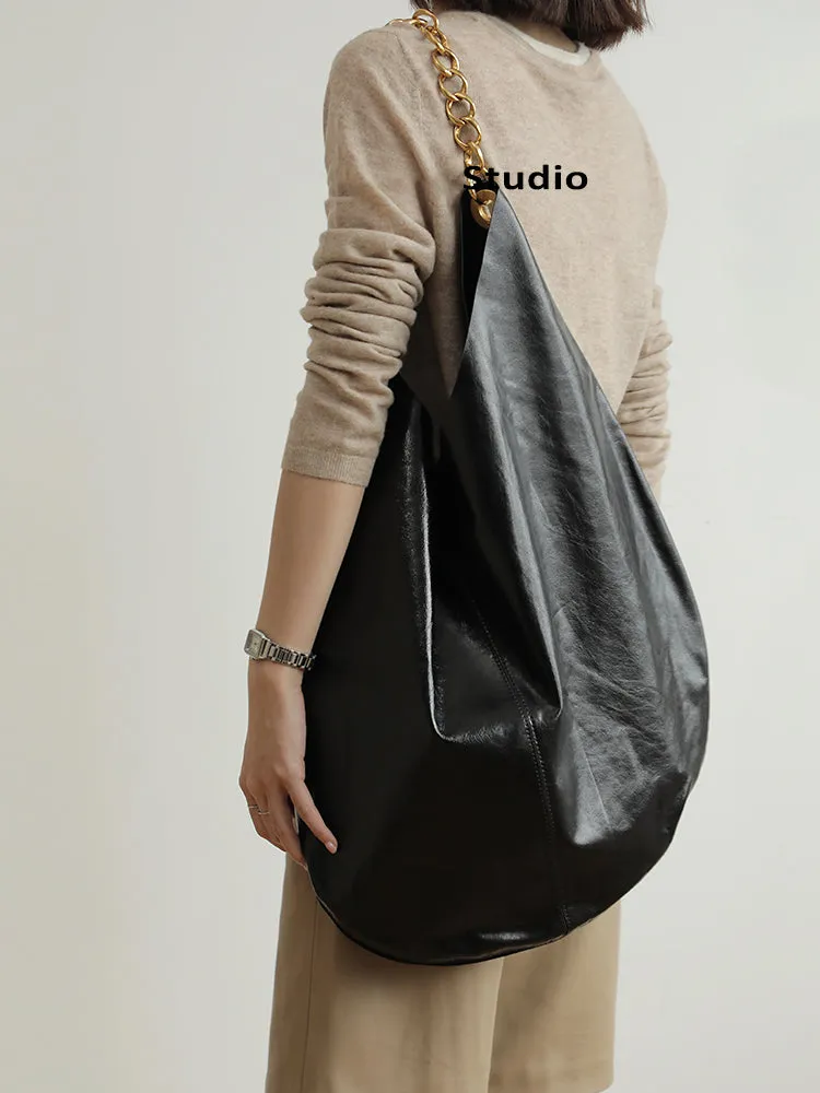 Oversized Fashion Cowhide Leather and Suede Double-sided Chain Boho Bag, Must-have Fashion Slouchy Tote Bag,