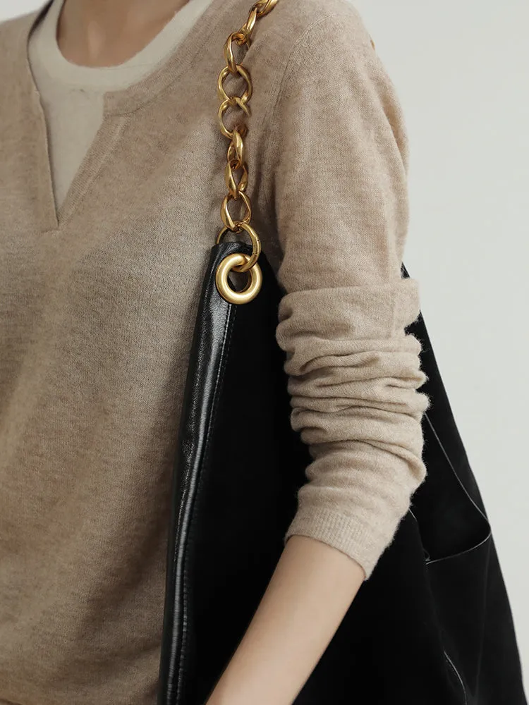 Oversized Fashion Cowhide Leather and Suede Double-sided Chain Boho Bag, Must-have Fashion Slouchy Tote Bag,