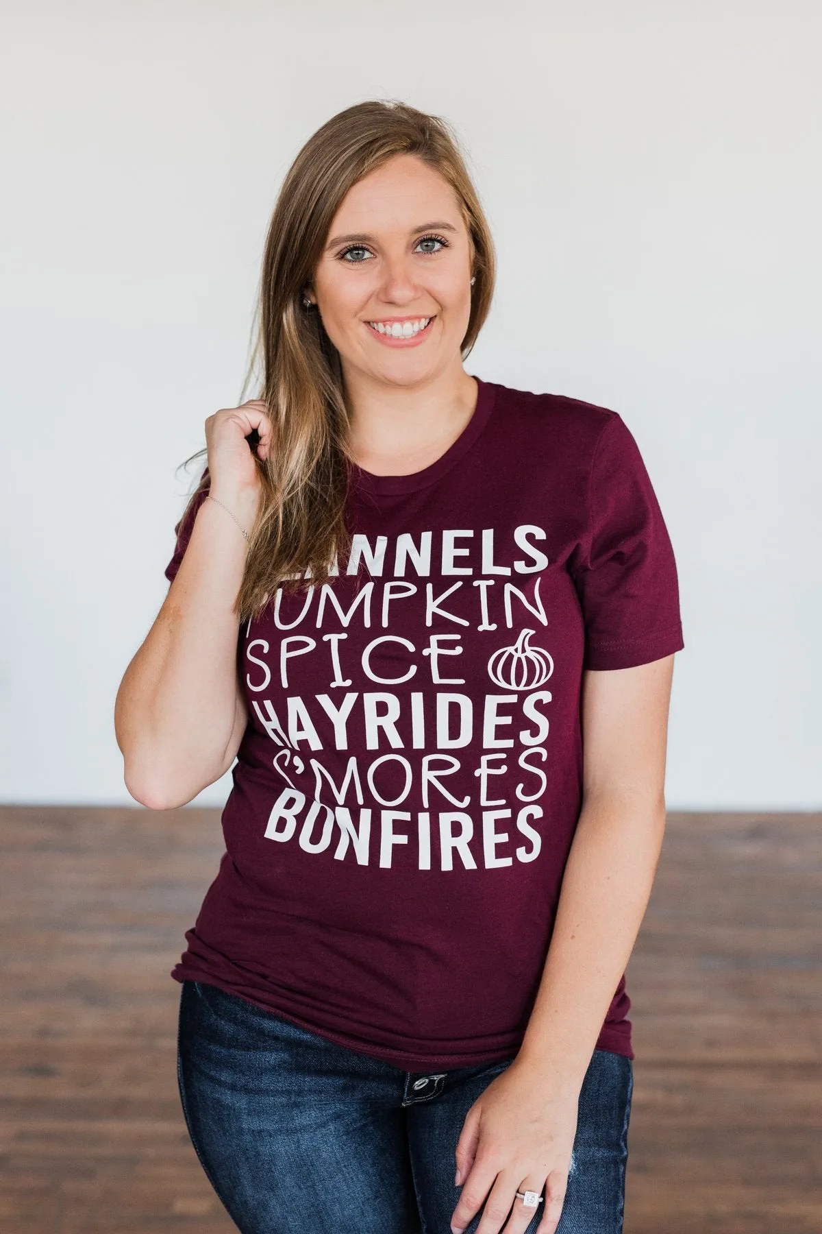"Flannels, Pumpkin Spice, Hayrides.." Graphic Tee- Deep Maroon