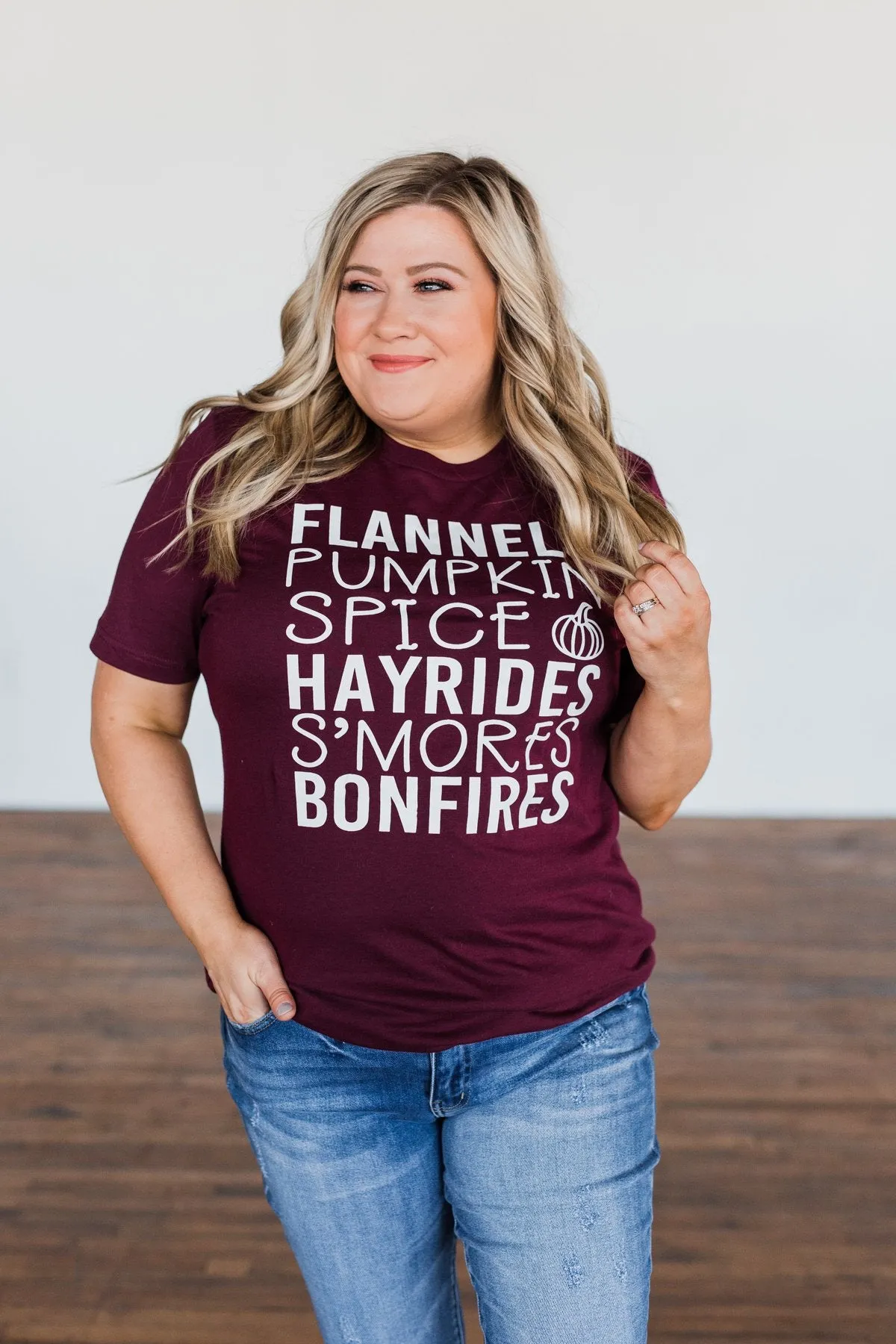 "Flannels, Pumpkin Spice, Hayrides.." Graphic Tee- Deep Maroon